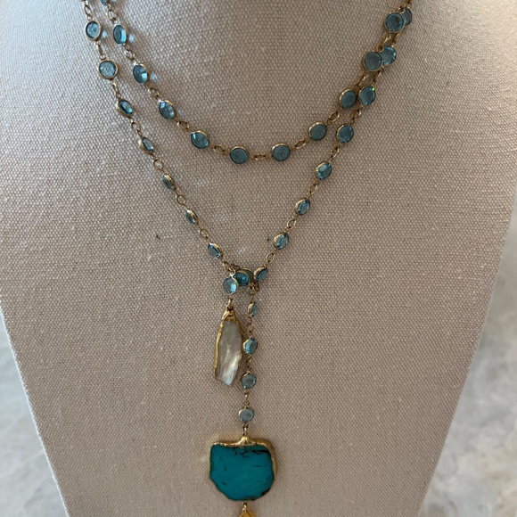 One of a kind Turquoise, Baroque Pearl & Aquamarine Lariat Necklace - Picture 3 of 9